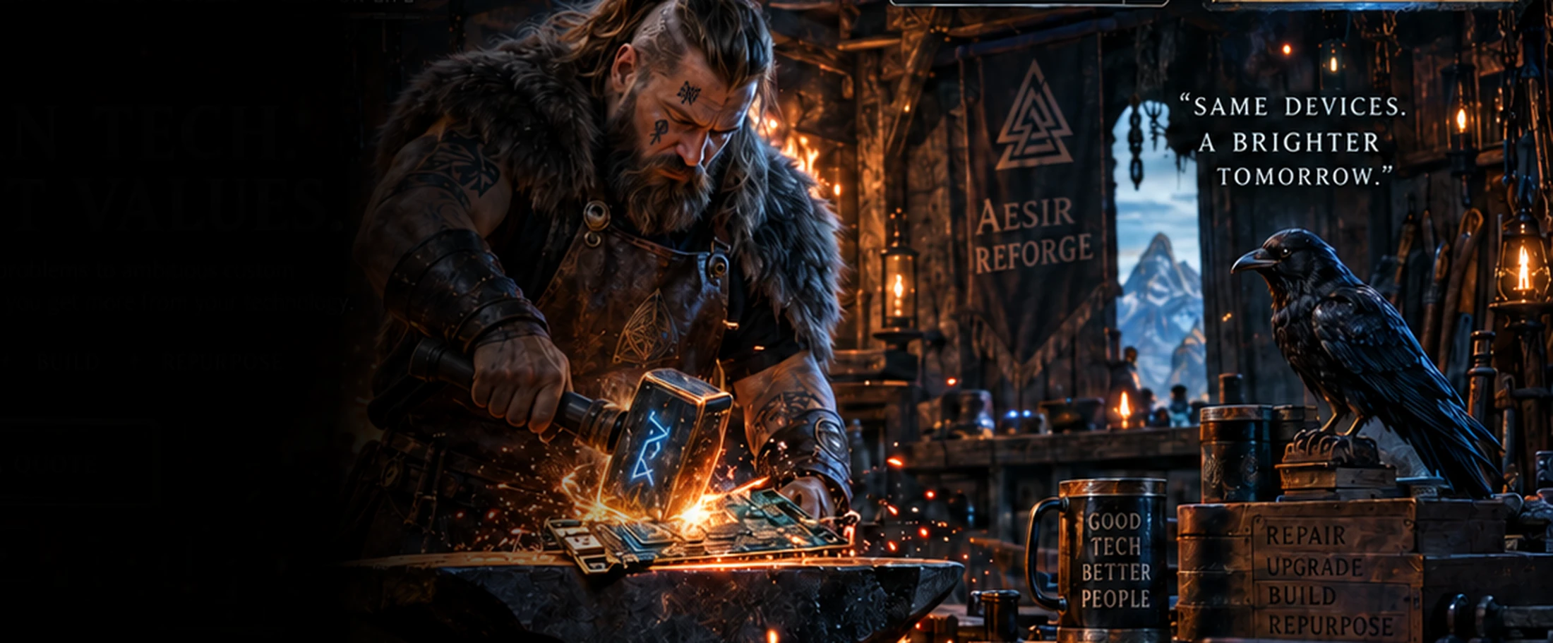 Blue-lit custom computer in the forge