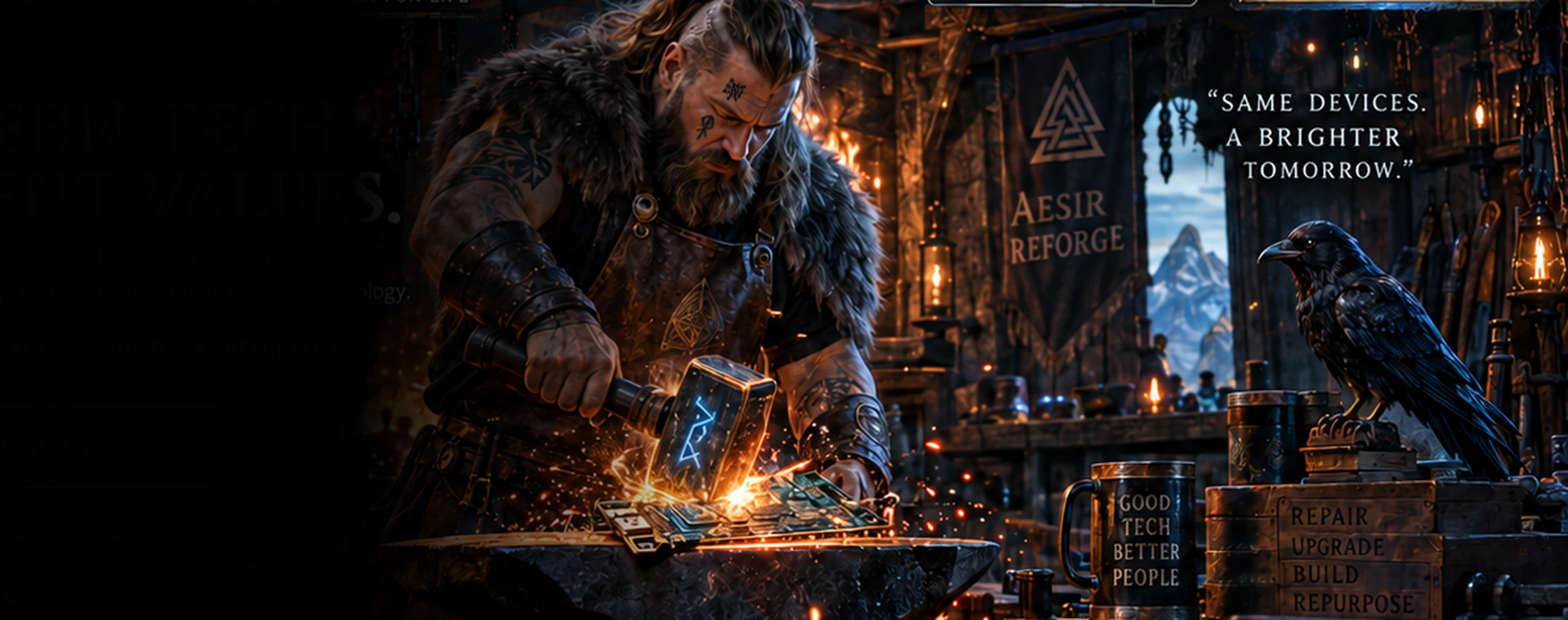 A Viking blacksmith striking a glowing circuit board on an anvil in a Norse-inspired electronic forge, with a raven nearby