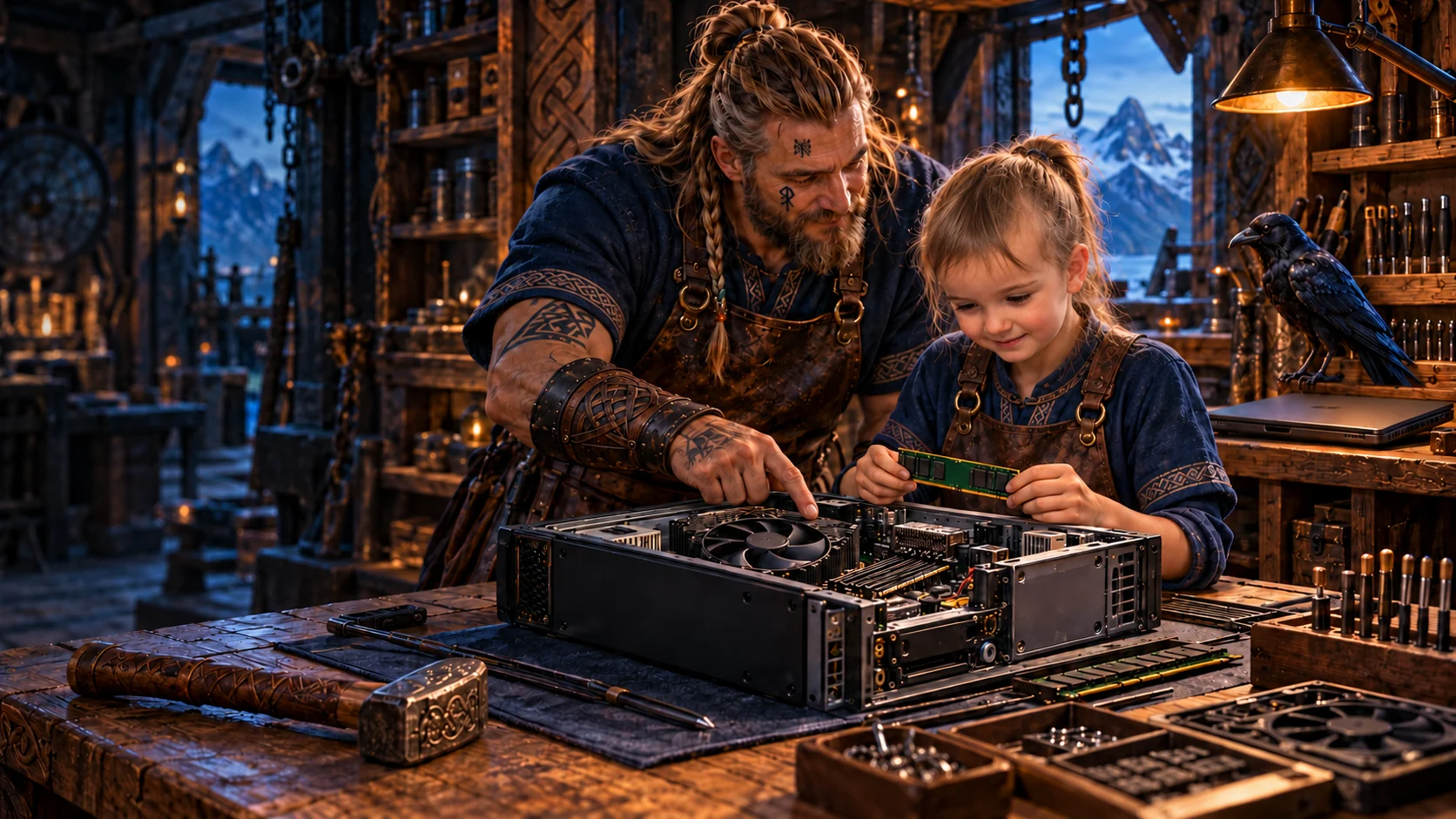 Concept illustration of a Viking-inspired mentor helping a young learner explore computer parts at a workbench