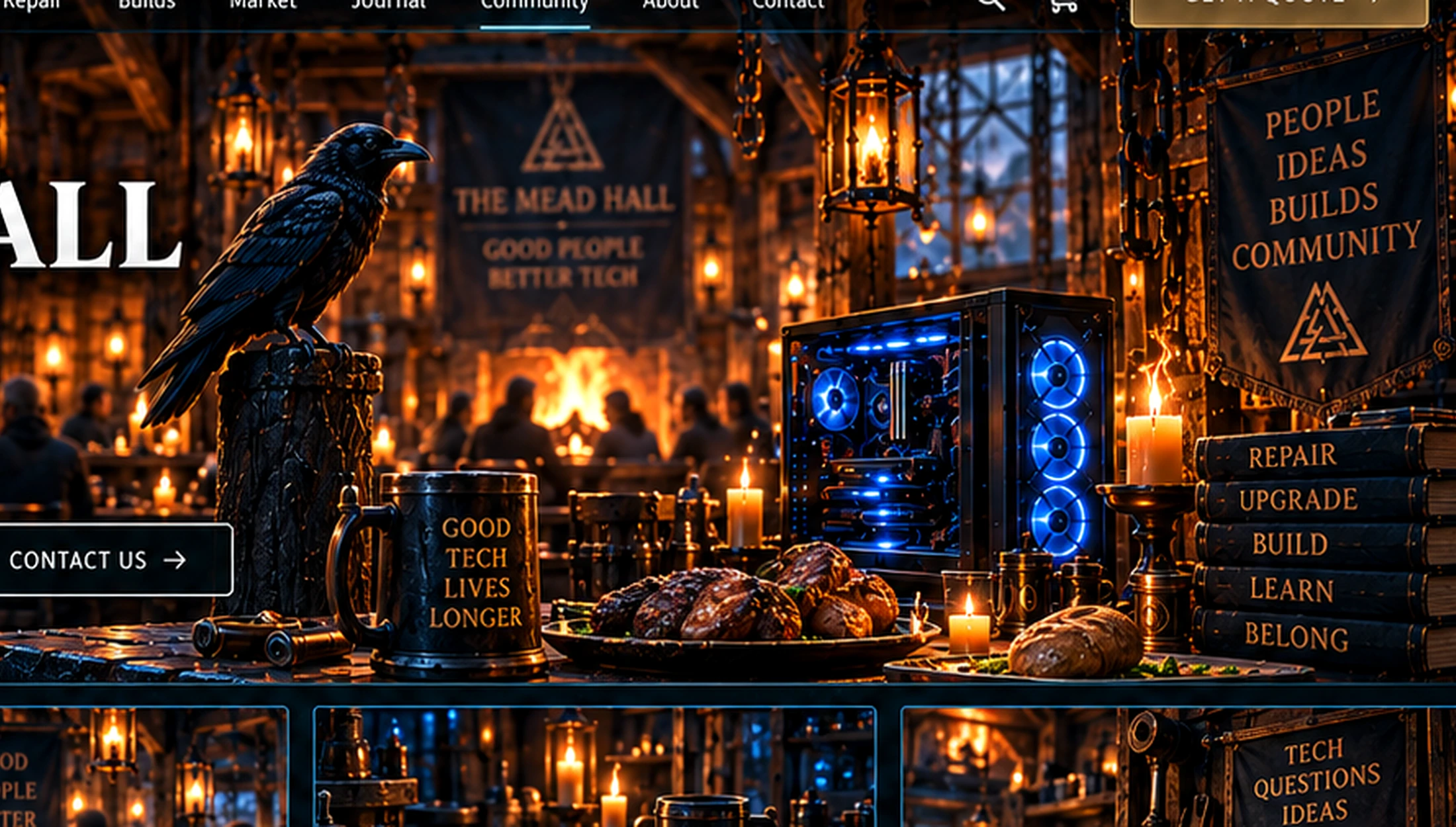 A warm Mead Hall workshop with a raven, mug, food and blue-lit computer